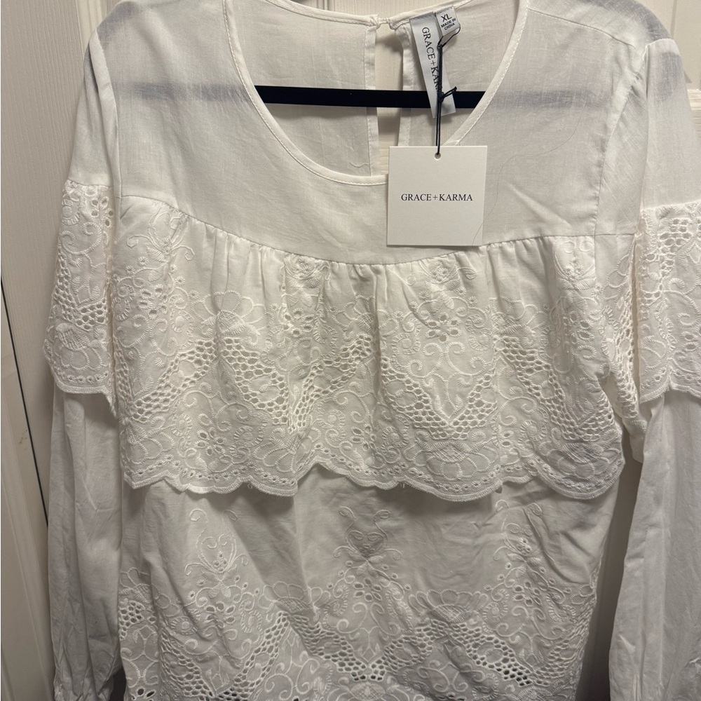 Grace + Karma White Lace Ruffle Blouse